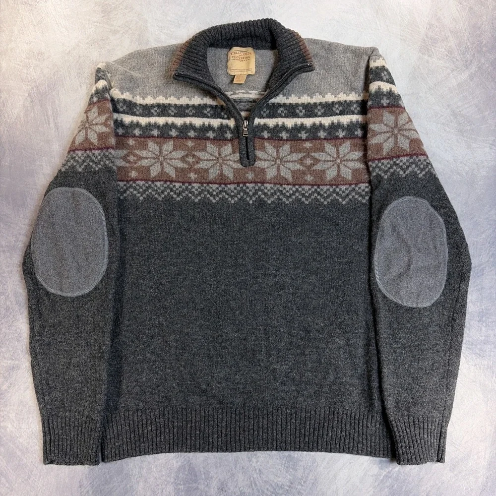 Telluride Clothing Company Sweater Mens XL Gray Fair Isle Wool Blend Elbow Patch